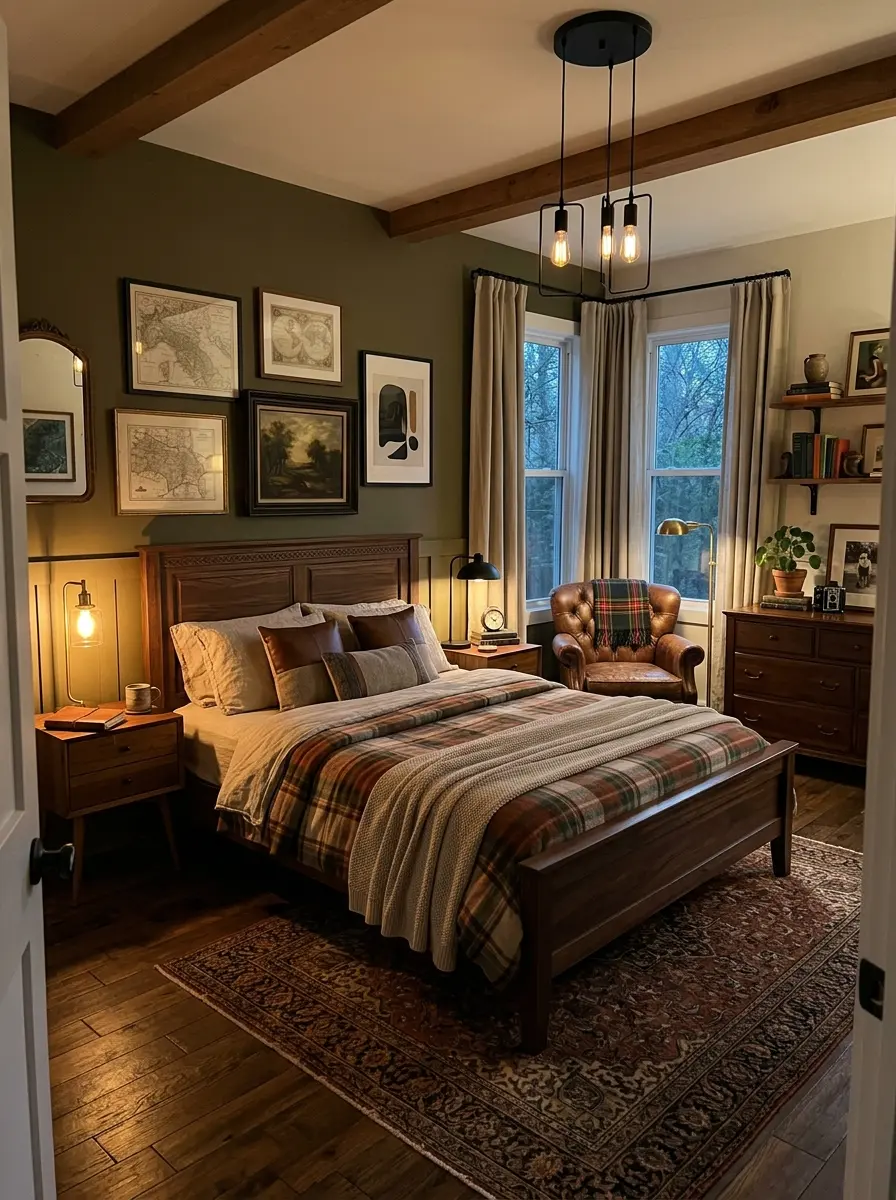 A cozy male bedroom with soft lighting, warm textures, and a stylish, minimal design creating a calm and inviting atmosphere
