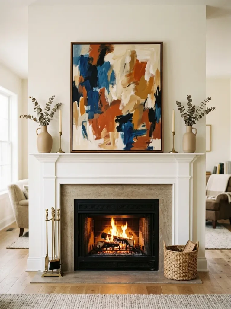 Minimal mantle with a bold art piece and neutral accents in soft lighting