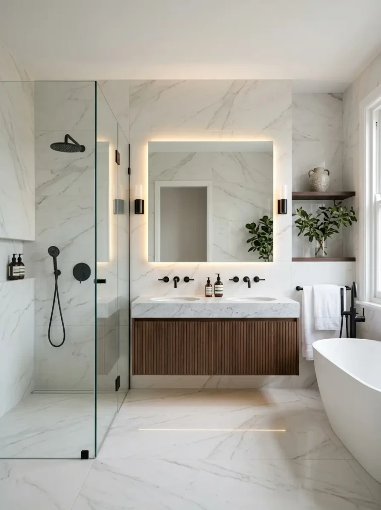 Detailed view of marble and porcelain surfaces with subtle veining in neutral colors.