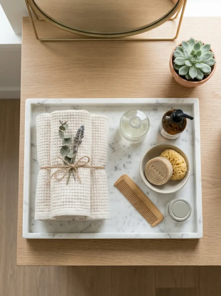 Top view of a marble tray holding folded towels and simple decorative accents.