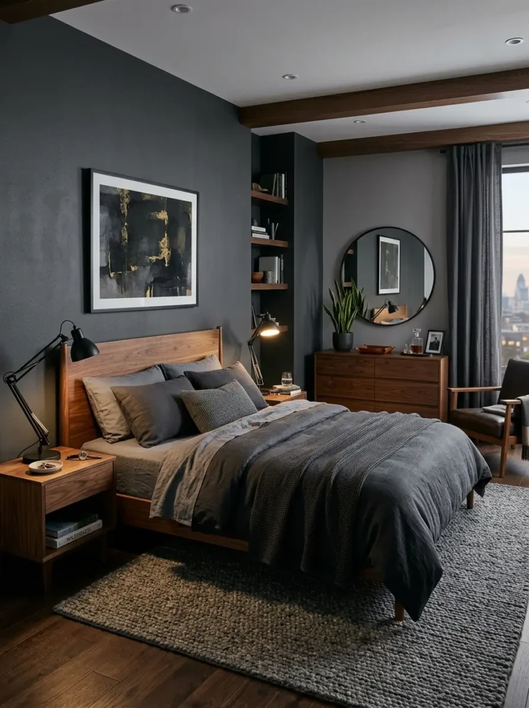 Stylish modern masculine bedroom with charcoal walls, walnut furniture, layered bedding, and warm ambient lighting.