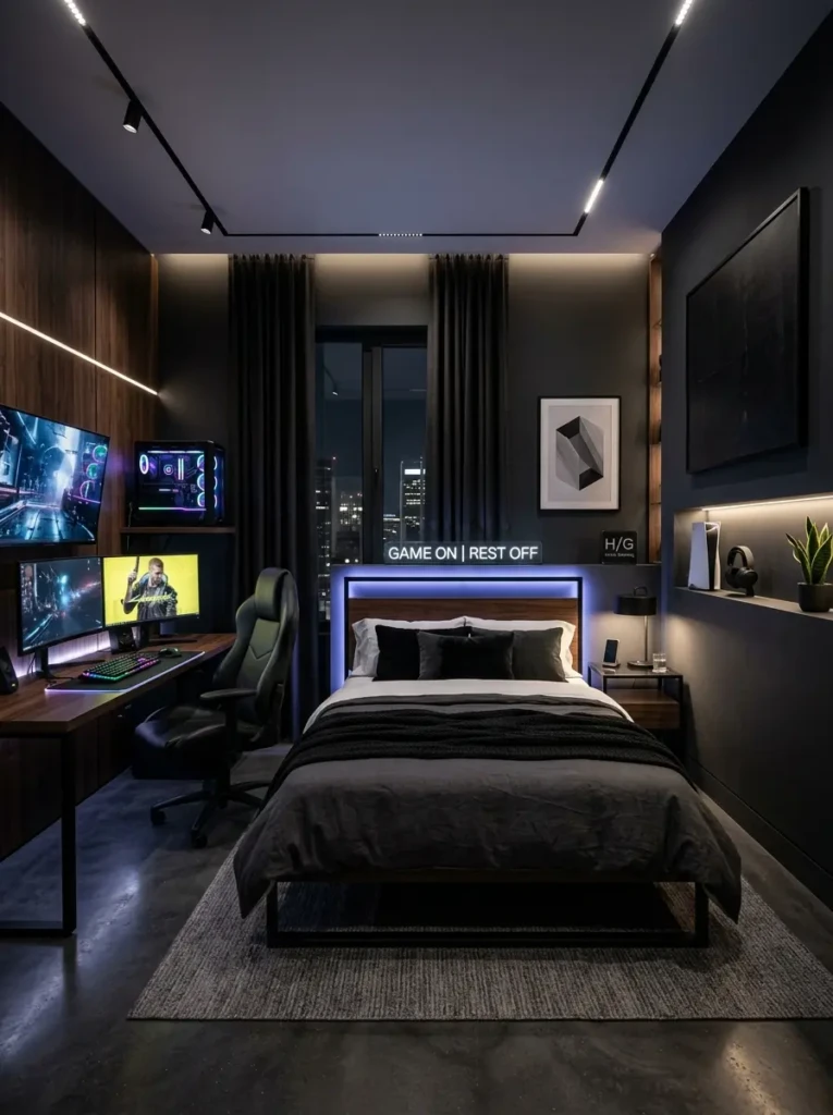 Mood board showing industrial, minimalist, luxury hotel, and gaming-inspired masculine bedroom styles.
