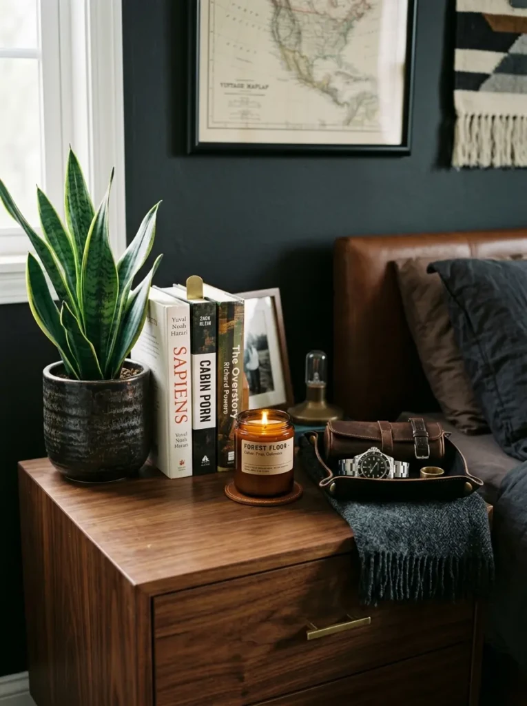 Walnut nightstand with candle, watch tray, hardcover books, indoor plant, and elegant decor details.