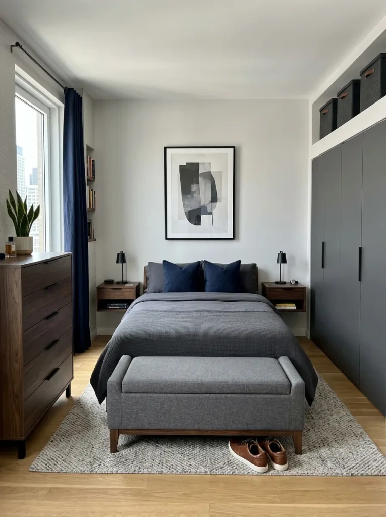 Neat masculine bedroom with hidden bench storage, floating nightstands, dresser, and closed wardrobe.