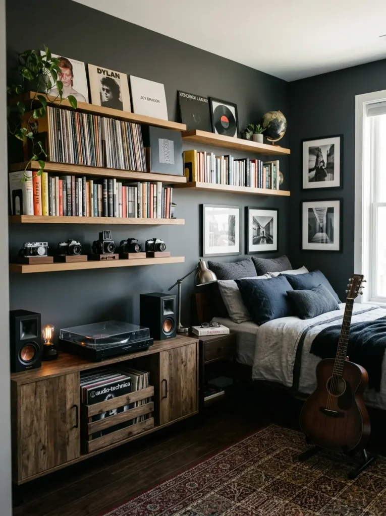 Men’s bedroom decorated with vinyl records, books, camera gear, guitar stand, and modern wall shelves.