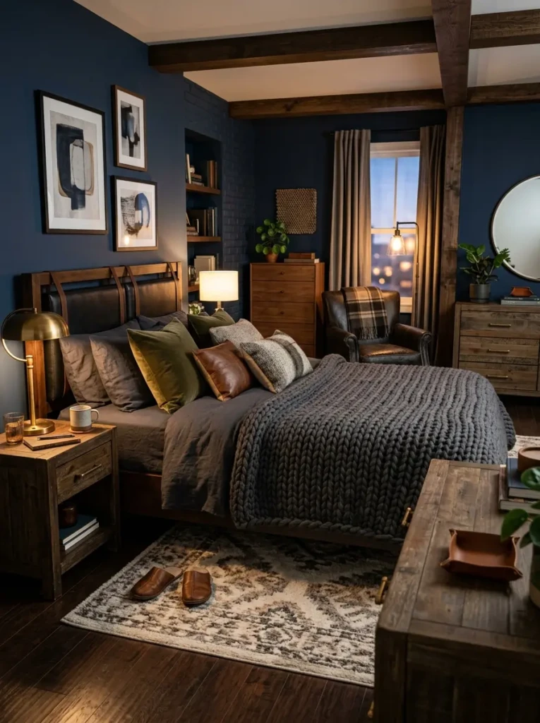 A comfortable bedroom with layered blankets, soft rugs, and leather accents creating a rich, warm, and inviting environment.