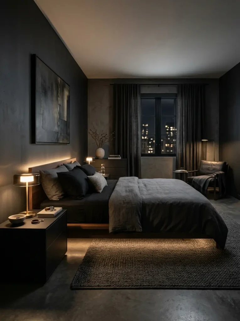 A modern men’s bedroom with dark charcoal walls, low platform bed, minimal decor, and soft warm lighting creating a sleek and calming atmosphere.