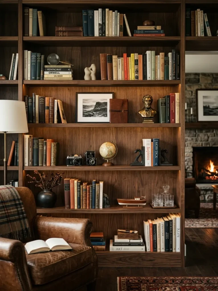 A masculine living room with styled wooden bookshelves, combining books and decor for a cozy and intellectual atmosphere.