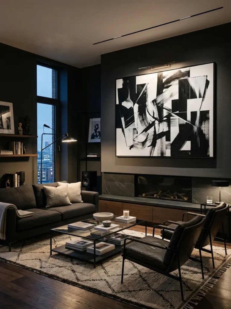 A modern masculine living room featuring large black and white artwork on dark walls for a refined and expressive look.