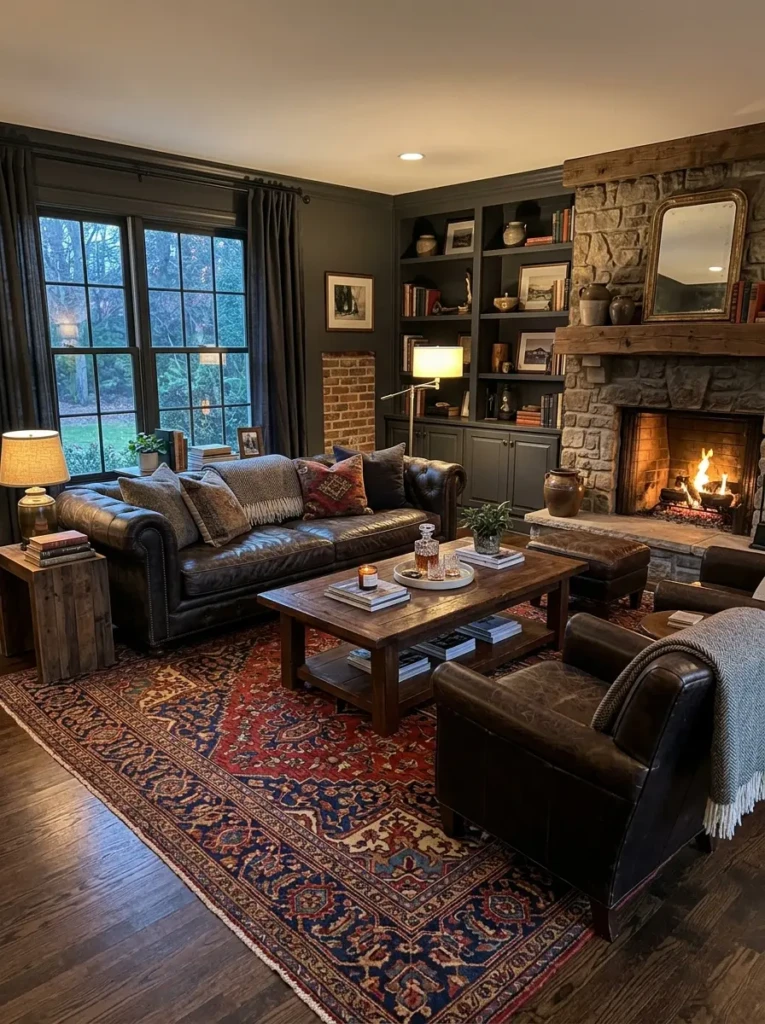 A stylish masculine living room with a large Persian rug anchoring the furniture and creating a cohesive and cozy layout.