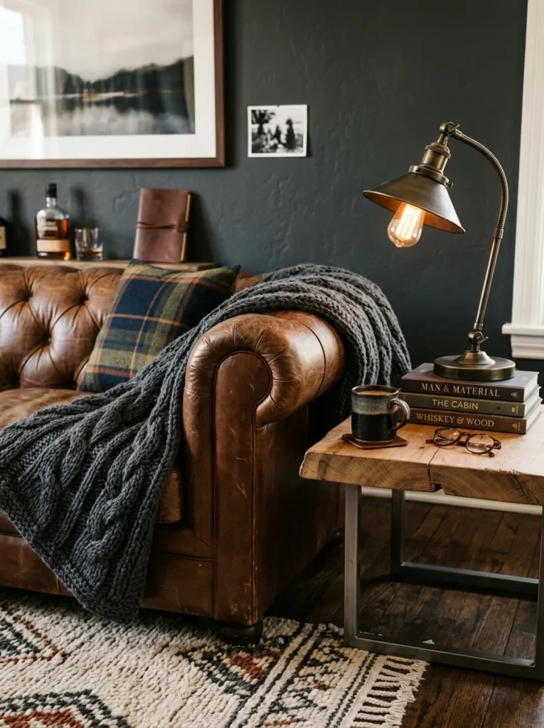 A masculine living room showcasing layered textures like leather, wool, wood, and metal for depth and a rich tactile experience.