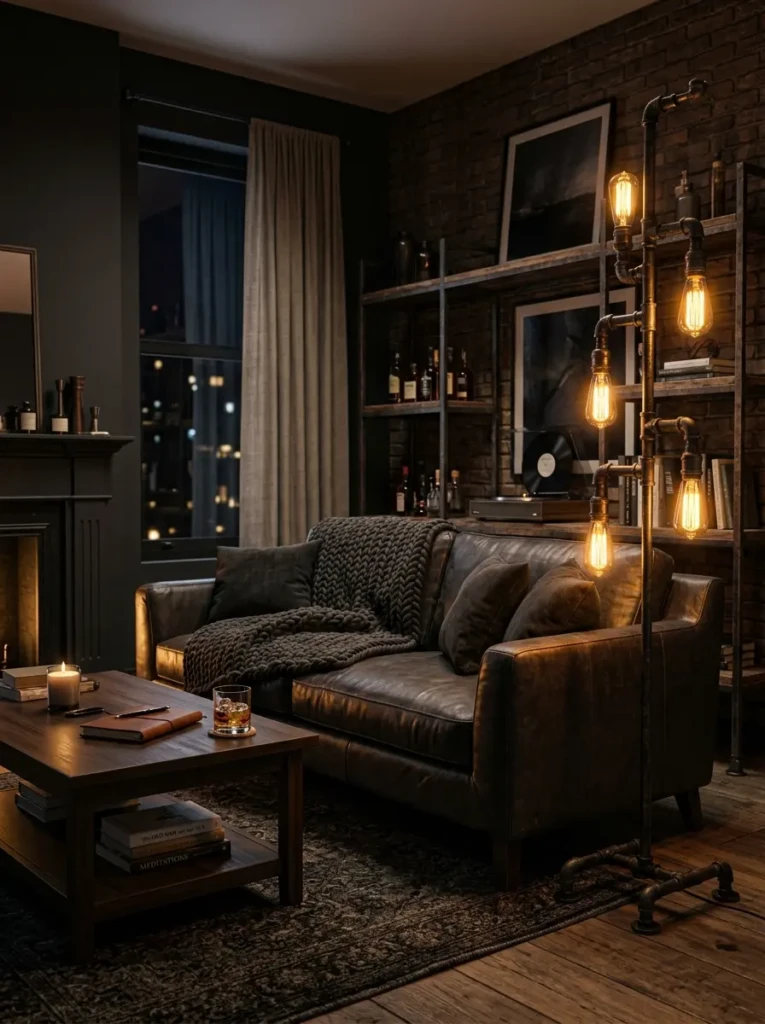 A dark masculine living room illuminated by warm industrial lighting and Edison bulbs, creating a cozy and dramatic atmosphere.