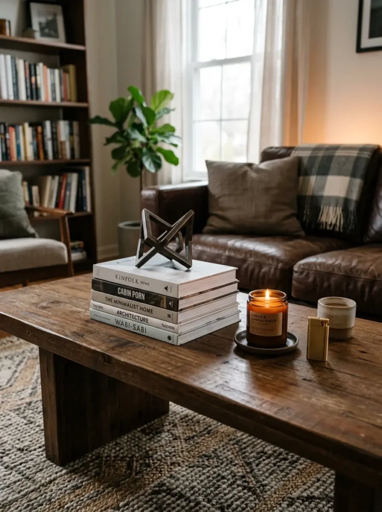 A masculine living room coffee table styled with books, a candle, and minimal decor for a clean and elegant centerpiece.