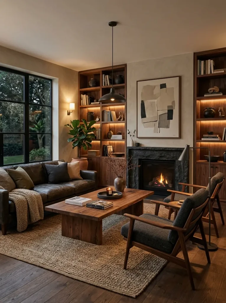 A masculine living room with walnut wood furniture, natural textures, and soft lighting that creates a grounded and welcoming environment.