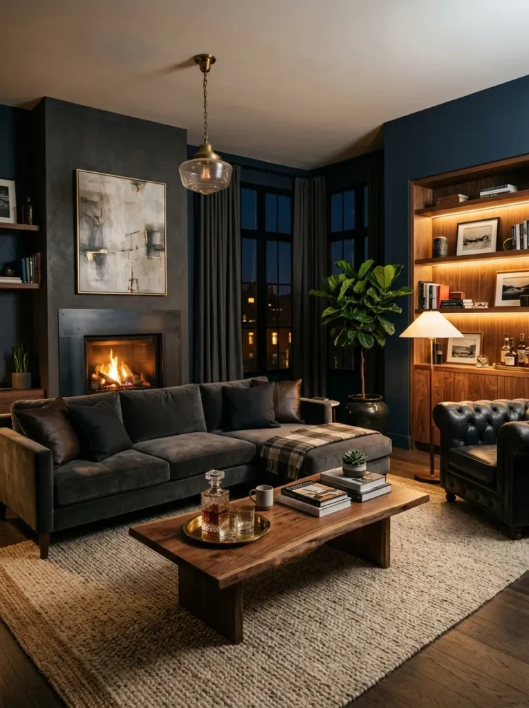 A masculine living room with deep charcoal and navy walls, warm lighting, walnut furniture, and a soft neutral rug creating a cozy and bold atmosphere.