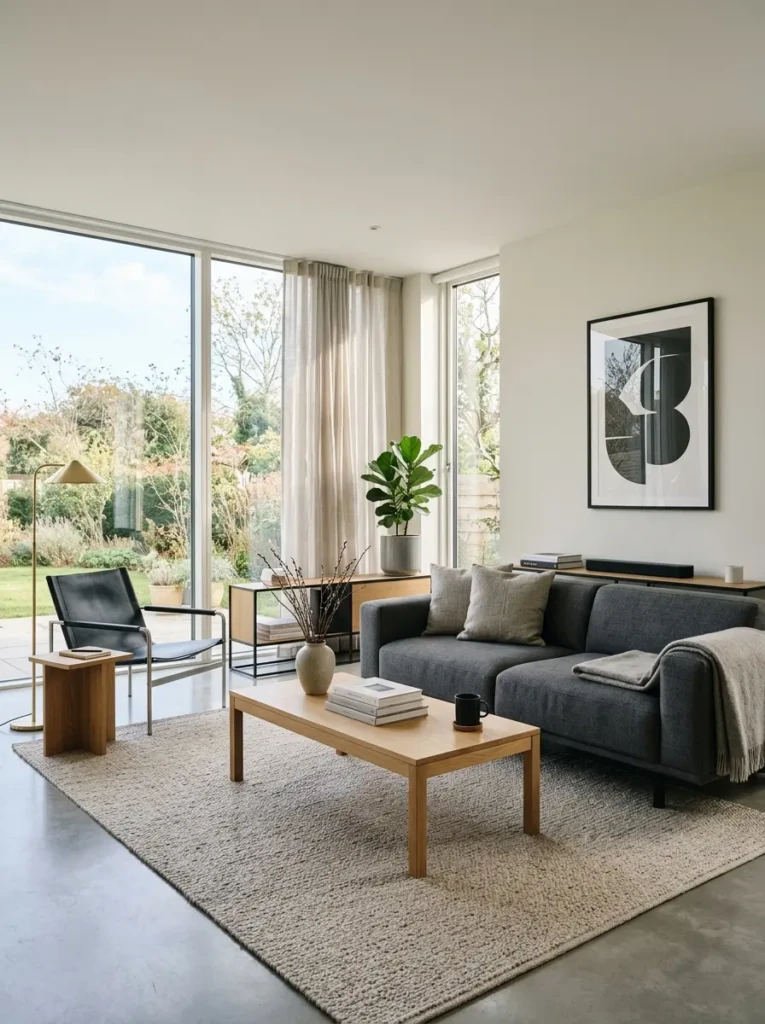 A clean and airy masculine living room with minimal furniture, soft textures, and natural light creating a calm and uncluttered space.