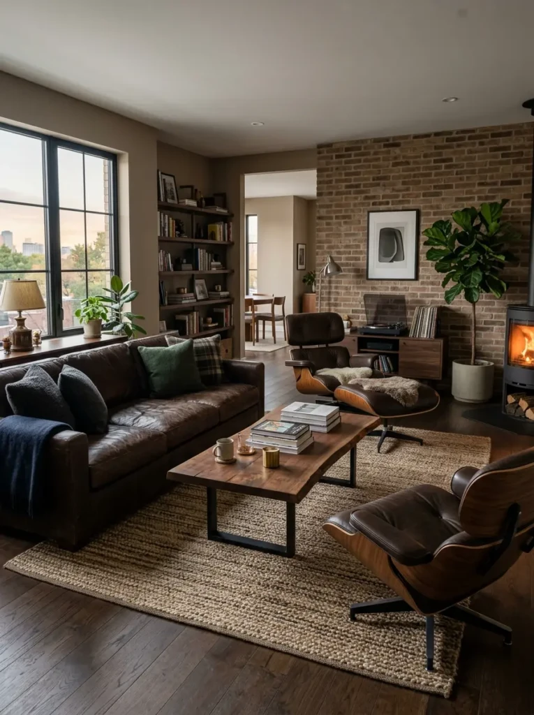 A masculine living room with a well-planned layout, facing seating, and open flow for comfort and easy movement.