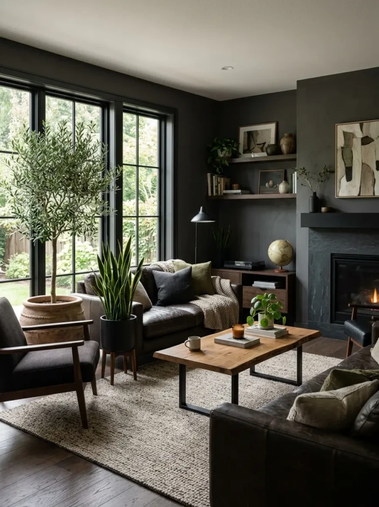 A masculine living room featuring indoor plants like a snake plant and olive tree adding freshness and contrast to dark tones.
