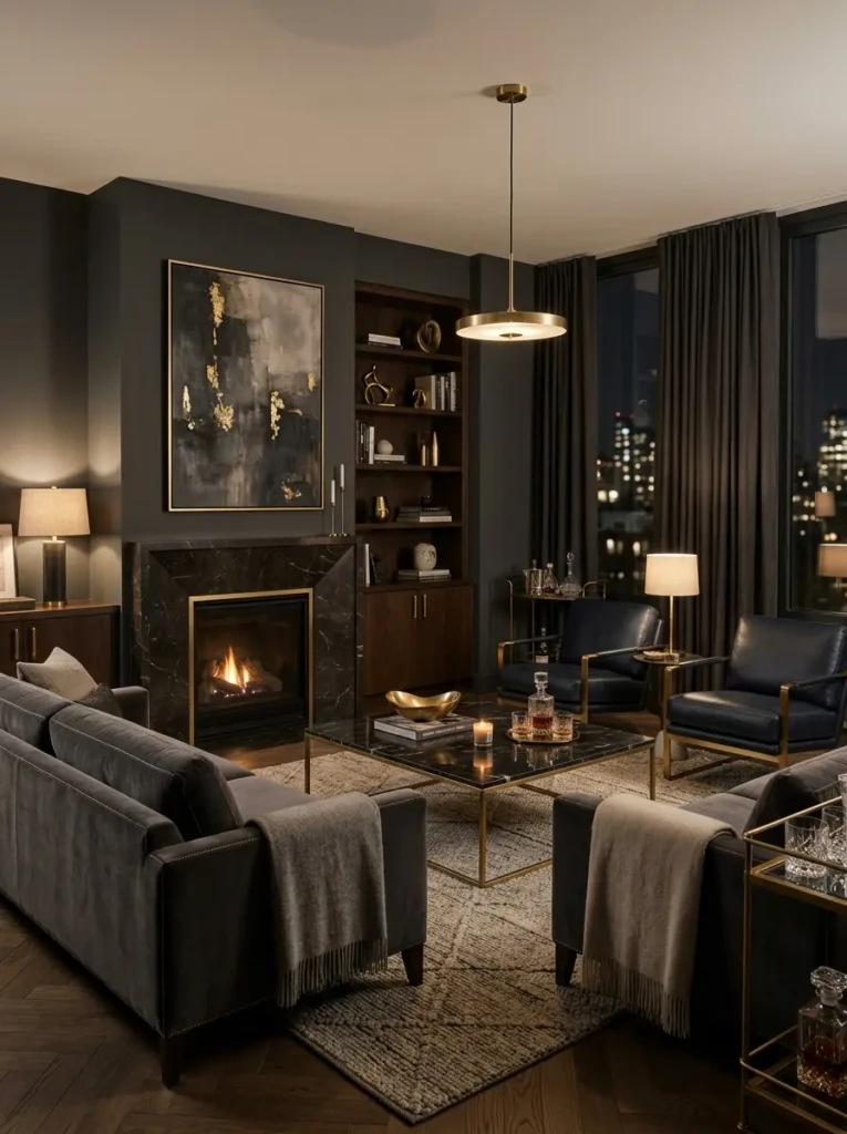 A refined masculine living room with brass accents, marble decor, and high-quality textures creating an understated luxurious feel.