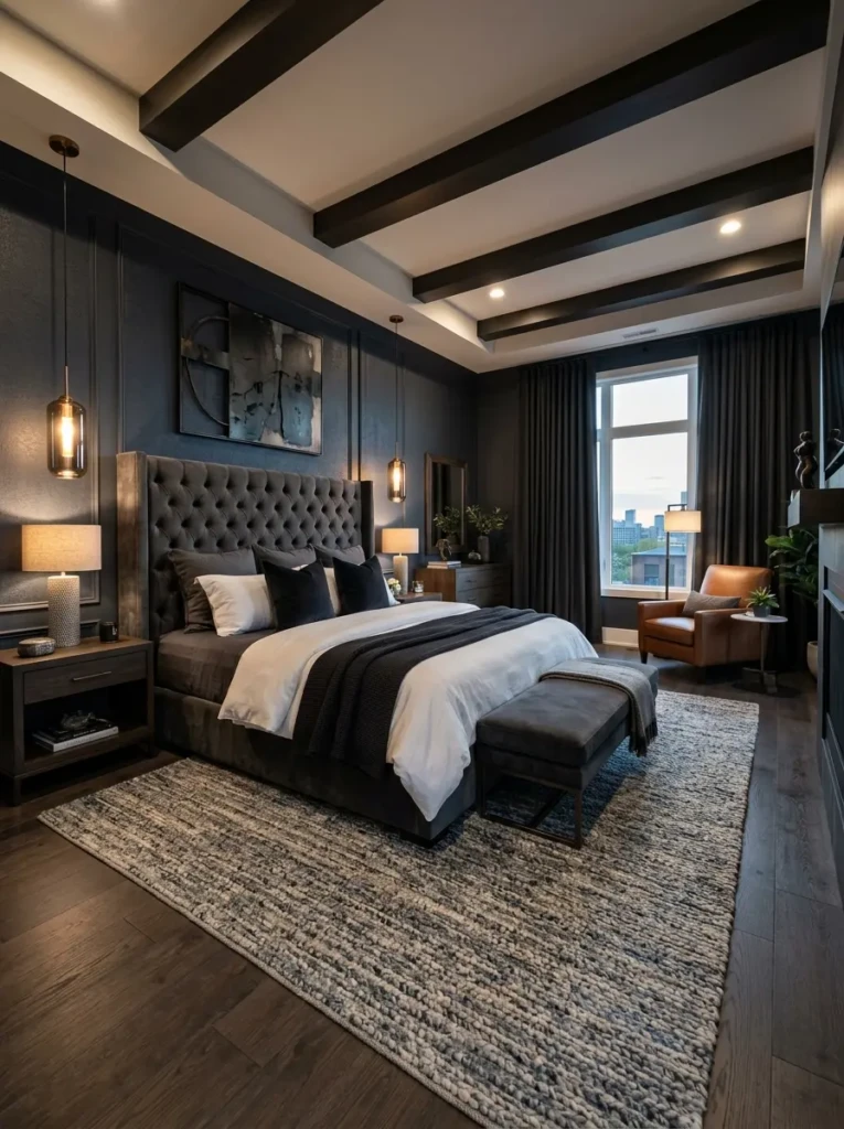 Spacious luxury men’s primary bedroom with oversized headboard, pendant lights, rug, and bench.