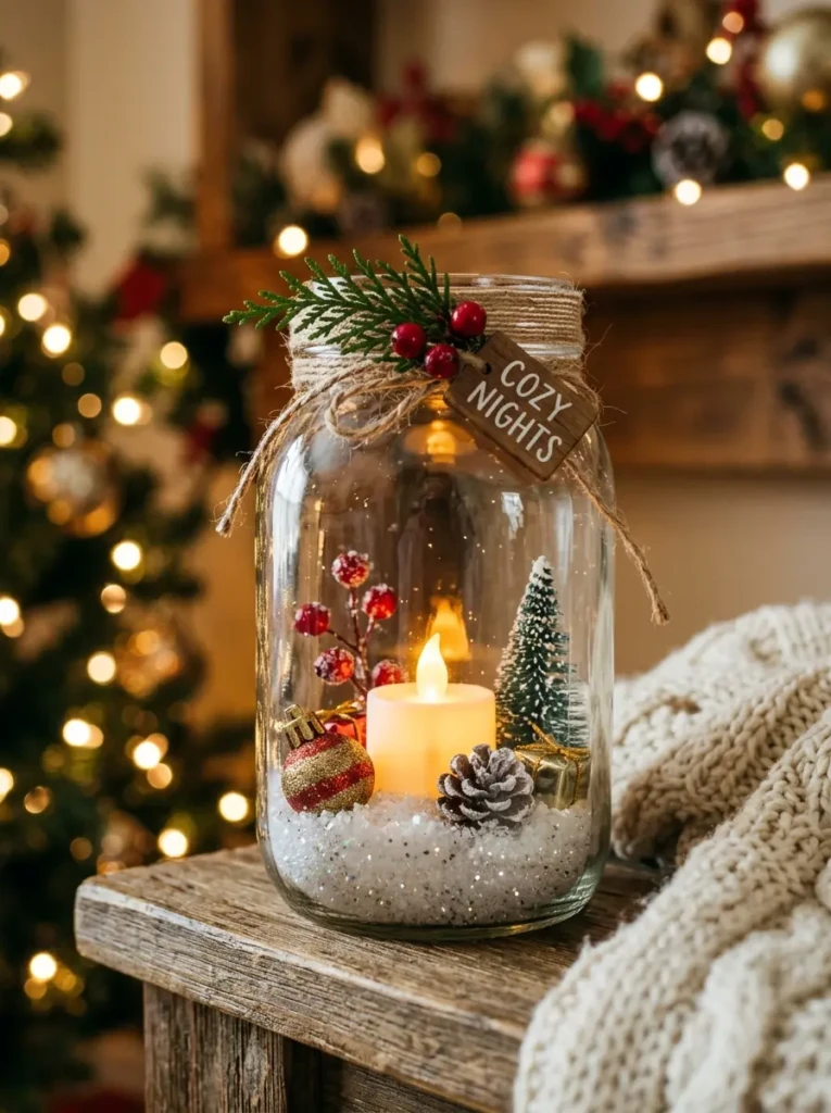 Close-up of a mason jar filled with artificial snow and a glowing candle for festive outdoor decor