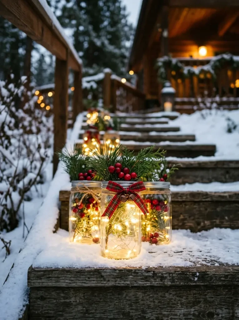 Mason jars filled with fairy lights placed outdoors creating a warm handmade Christmas decoration