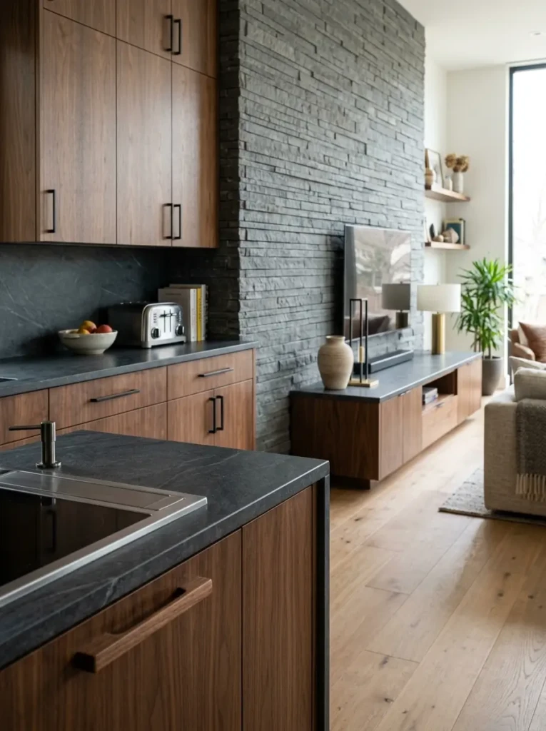Close-up of wood, metal, and stone textures repeated across kitchen and living room for unified style.