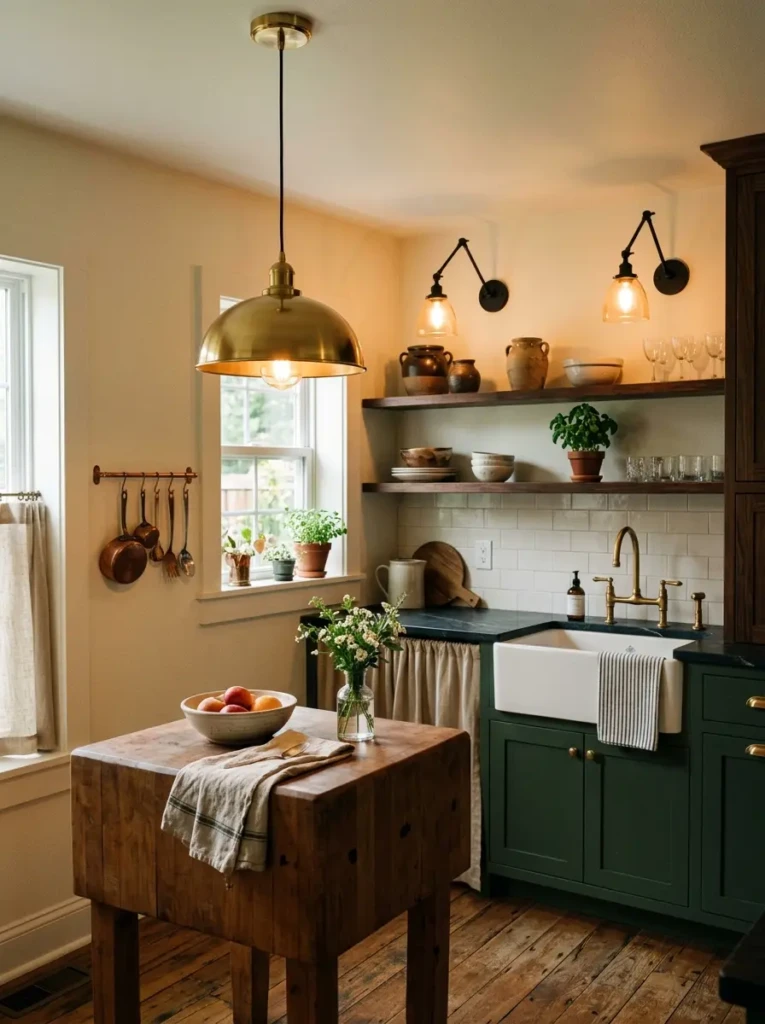 Elegant sconces and pendant lighting create soft evening warmth in a compact farmhouse kitchen.