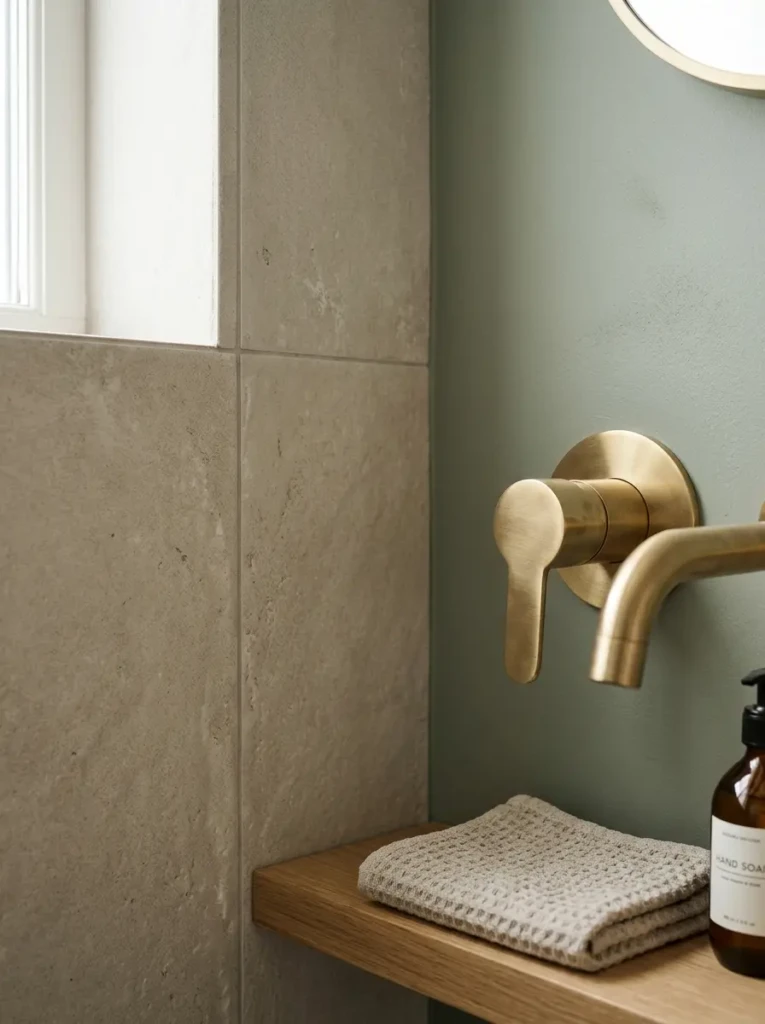 Close-up of matte tiles and brushed fixtures highlighting soft textures and finishes.