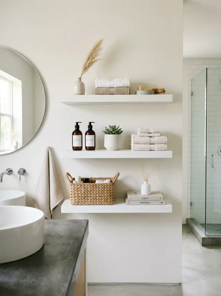 Minimalist bathroom shelf with a limited neutral palette and uncluttered modern styling.