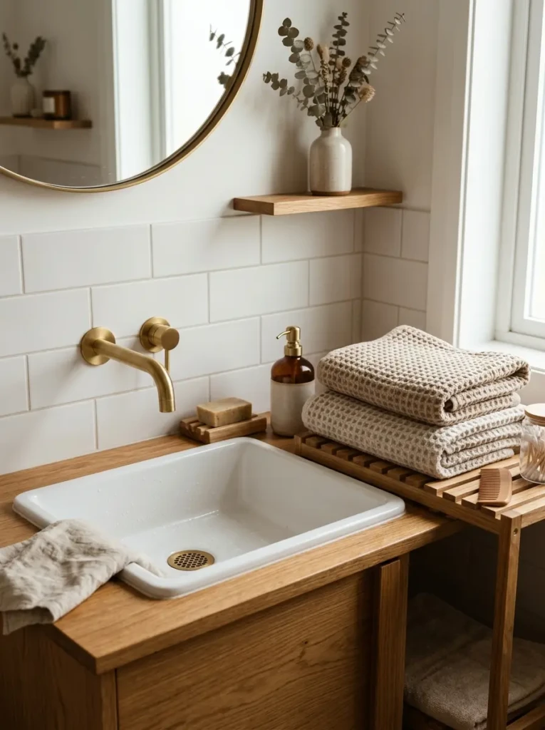 Close-up of matte white tiles, wood accents, and beige towels in a warm neutral bathroom design