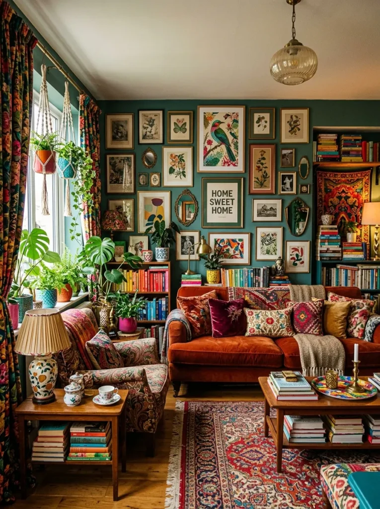 A maximalist colorful living room with layered prints, jewel-tone furniture, stacked books, quirky lamps, and gallery walls.