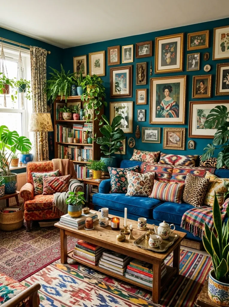 Vibrant maximalist cozy living room filled with lush plants, gallery walls, patterned textiles, books, and layered decor.