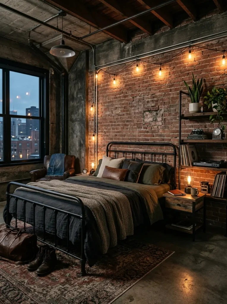 A masculine bedroom with exposed brick walls, black metal furniture, and warm lighting, creating a rugged yet cozy industrial vibe.