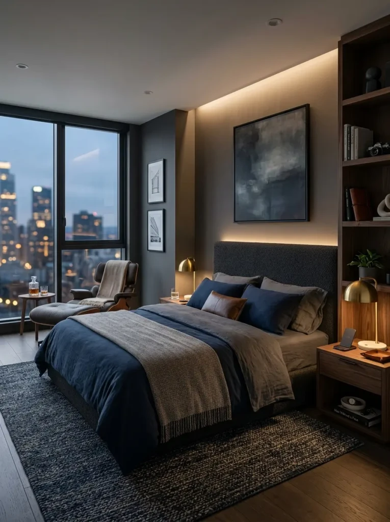 Editorial-style modern masculine bedroom with luxury bedding, layered lighting, and personalized decor.