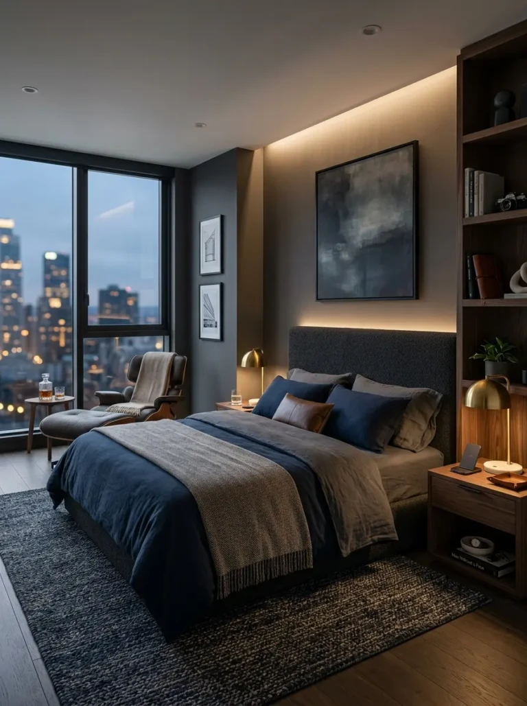 Editorial-style modern masculine bedroom with luxury bedding, layered lighting, and personalized decor.