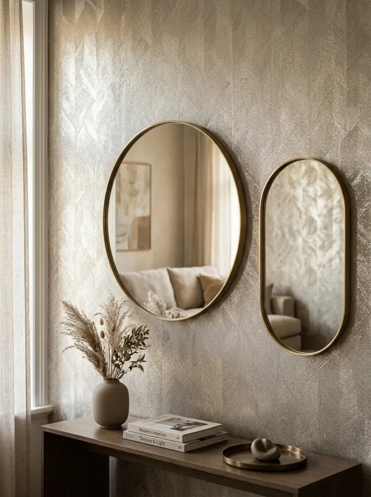 Metallic wallpaper detail with gentle shimmer and sophisticated styling