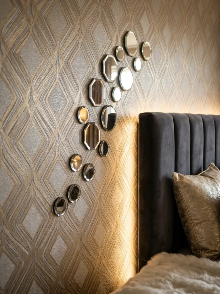 Close-up of metallic wallpaper paired with mirrors and soft lighting in a luxurious bedroom