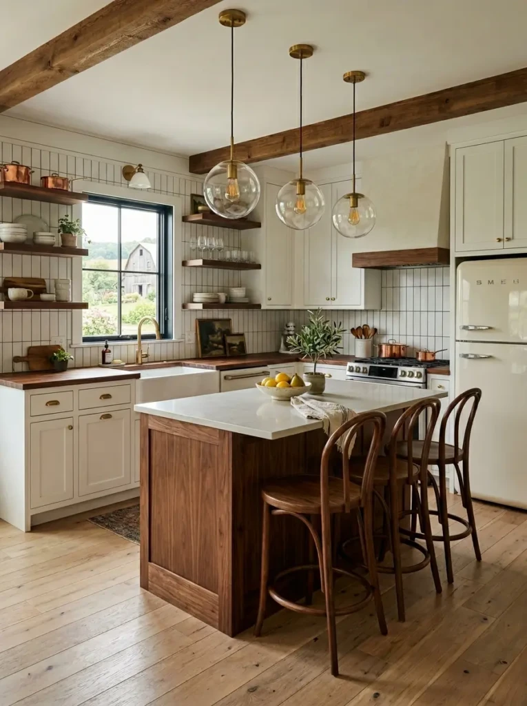 Farmhouse kitchen with walnut stools, globe pendants, and stylish midcentury modern accents.