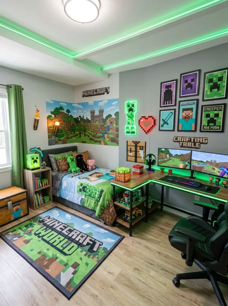 Minecraft-themed bedroom with pixel wall posters, LED lights, cube shelves, gaming desk, and green themed decor.