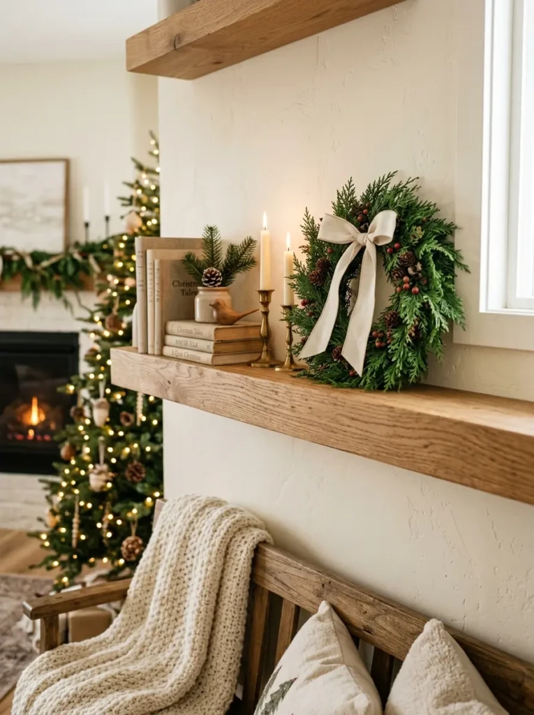 Small cedar wreath with cream ribbon leaning against the wall on a cozy Christmas floating shelf.
