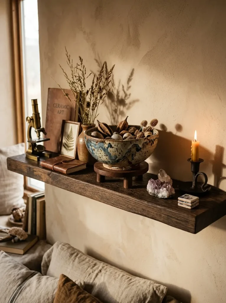 Personal floating shelf display with handmade ceramic bowl and dramatic warm shadows.