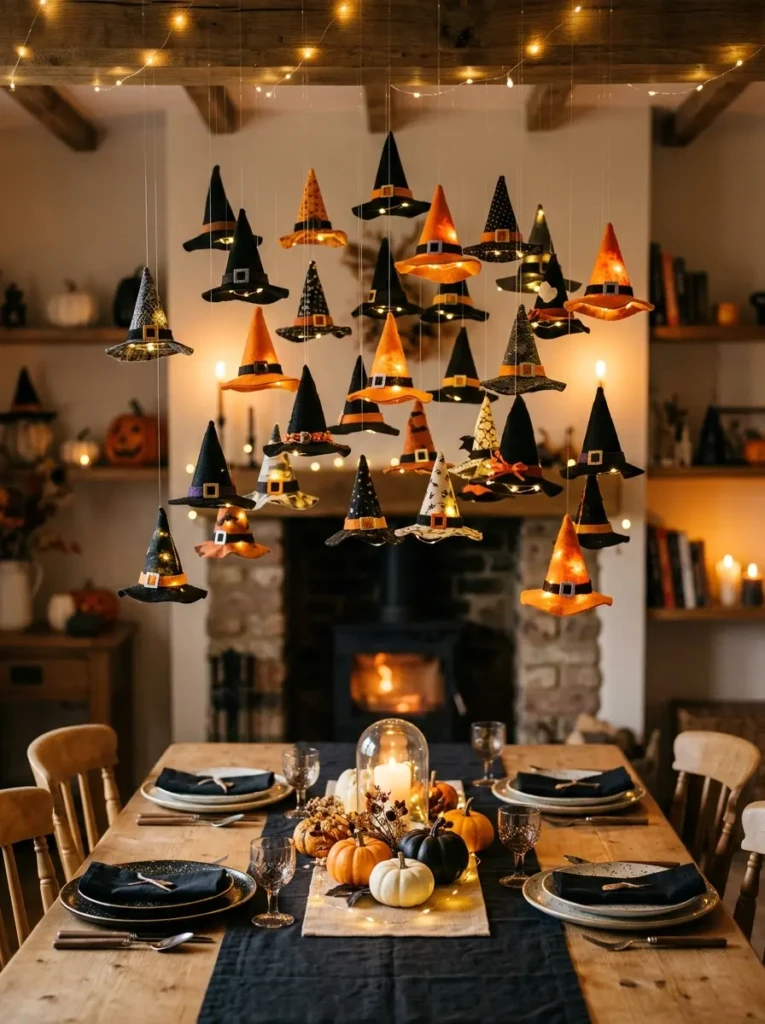 Mini witch hats hanging above a table with lights creating a whimsical floating Halloween centerpiece