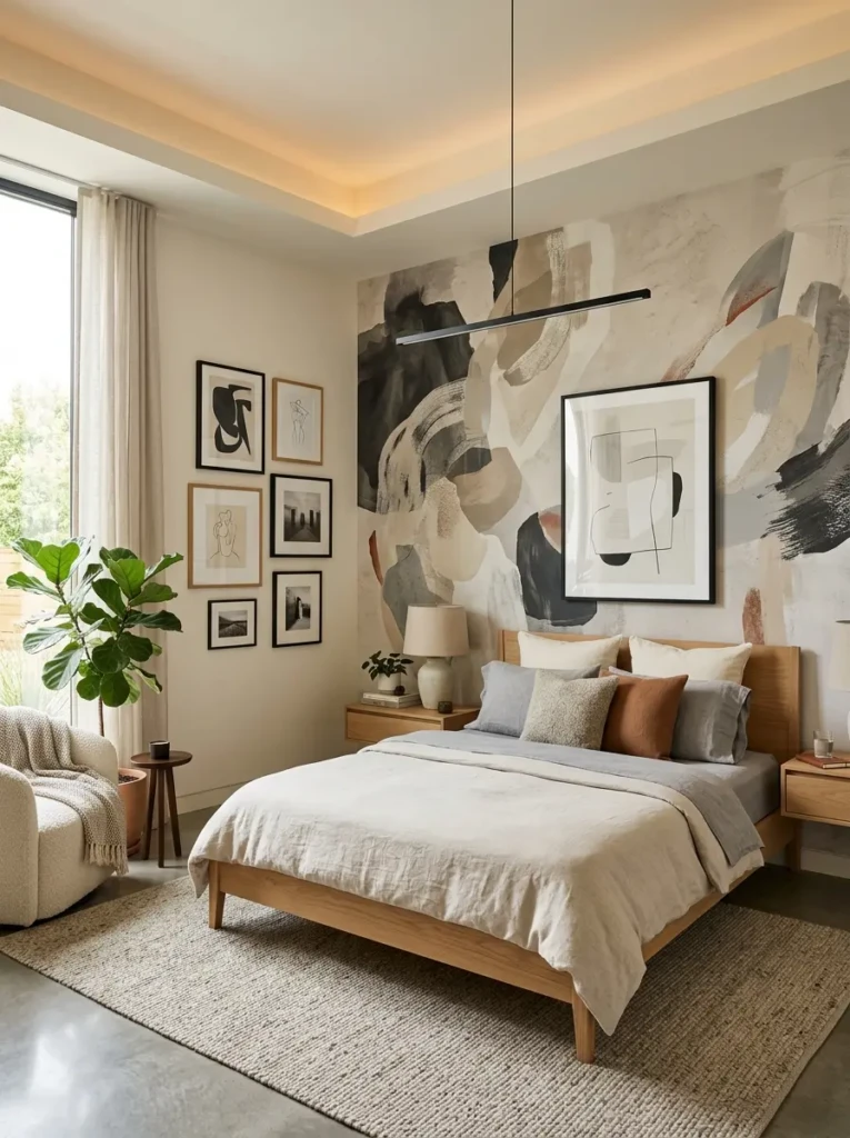 A simple bedroom with neutral decor and a striking abstract wallpaper accent wall
