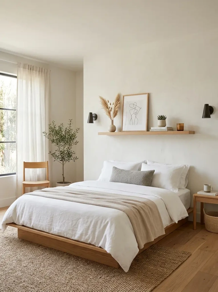Minimal bedroom with airy floating shelf above bed featuring low-profile decorative accents.