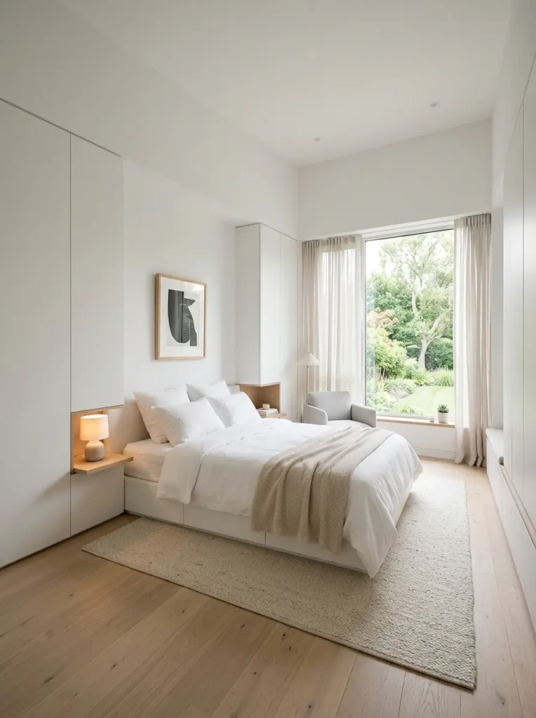 A tidy bedroom with hidden storage, clear surfaces, and a peaceful uncluttered atmosphere.