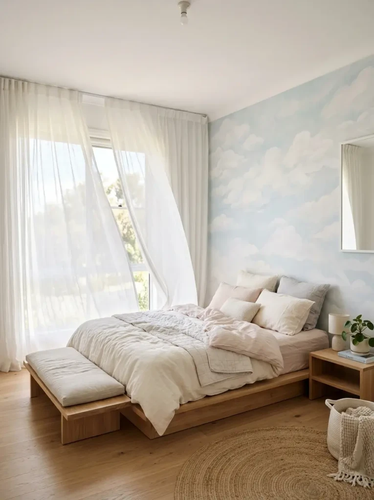Light-filled bedroom with sheer curtains, low furniture, and cloud wallpaper creating a peaceful atmosphere