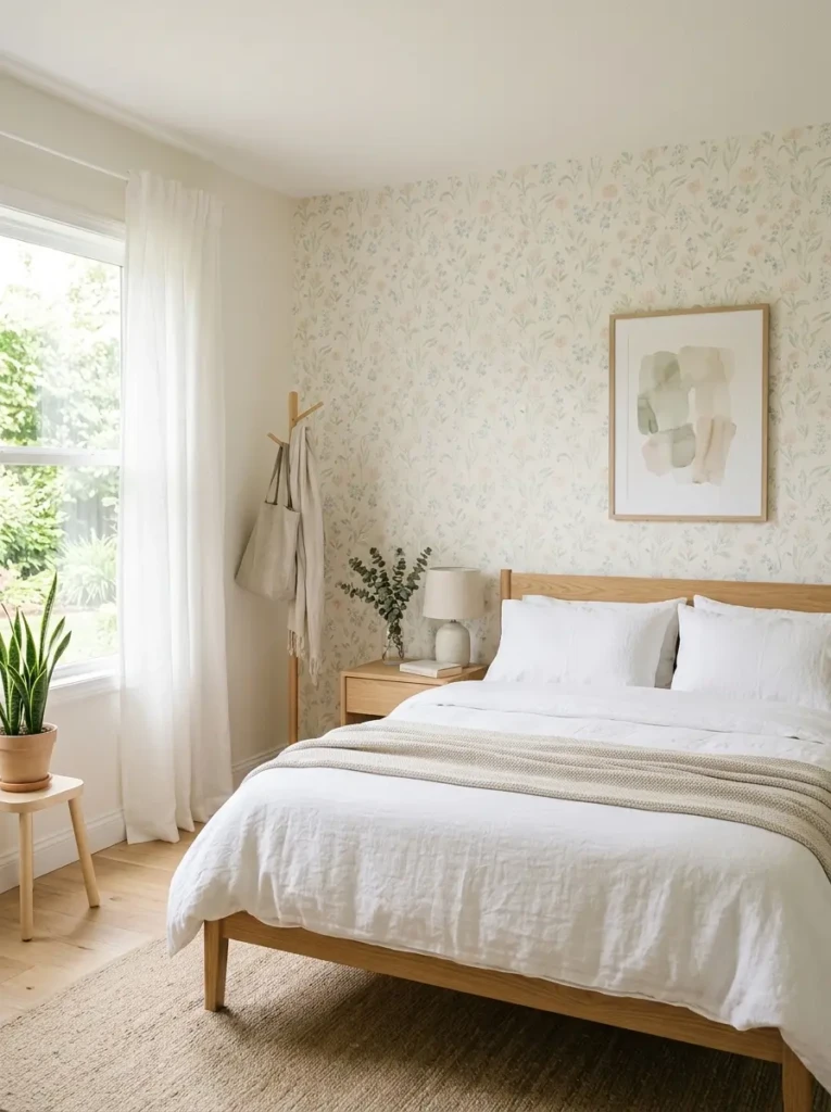 Minimal bedroom with pastel wallpaper, white bedding, and light wood furniture creating a calming space