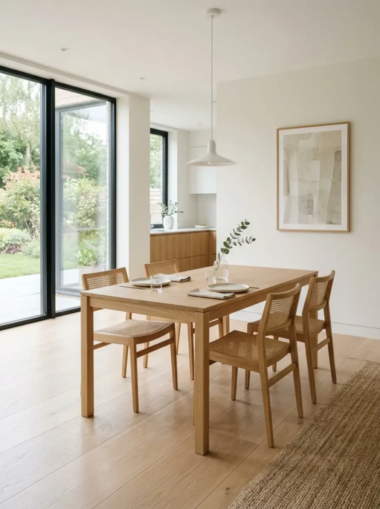 A clean and simple dining room with minimal decor, neutral tones, and an uncluttered layout.