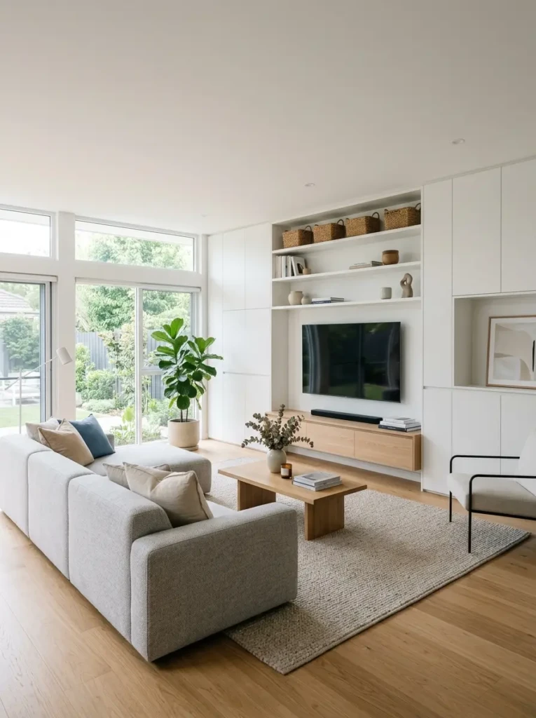 Minimal living room with built-in cabinets, media console, baskets, and clutter-free storage styling.